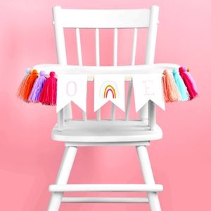 MUD PIE Birthday Banner, "ONE". Colorful tassels on both sides, on twill tape.